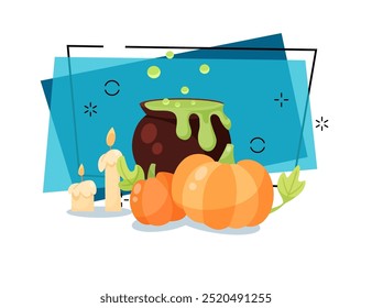 Pumpkins, cauldron with boiling potion and candles vector illustration on abstract background. Halloween banner design. Celebration, party, holiday concept. Can be used for poster or invitation