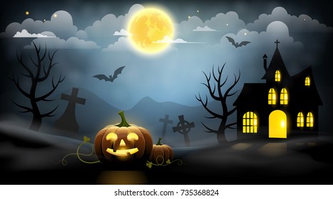 Pumpkins, cemetery and a haunted house on a blue background. Halloween night landscape.