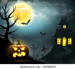 Pumpkins, cemetery and a haunted house on a blue background. Halloween night landscape.