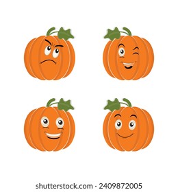 Pumpkins character cartoon, Halloween pumpkin icon vector. Flat design, halloween scary pumpkin with smile, happy face, various expression.