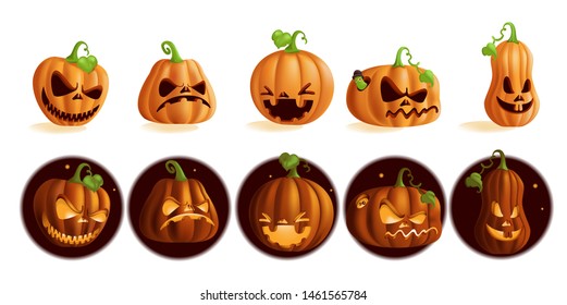 Pumpkins character personality set. Jack o'lantern Design for day and night isolated on white and black background. Ghost or demonic face.  Vector cartoon illustration.