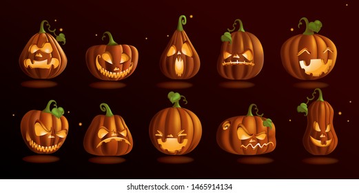 Pumpkins character personality set. Jack o'lantern. Design for night isolated on white and black background. Ghost or demonic face.   Illustrated vector cartoon from the white backgroud.