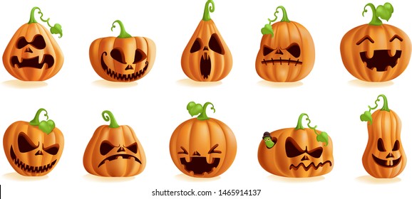 Pumpkins character personality set. Jack o'lantern. Design for day isolated on white and black background. Ghost or demonic face.   Illustrated vector cartoon from the white backgroud.