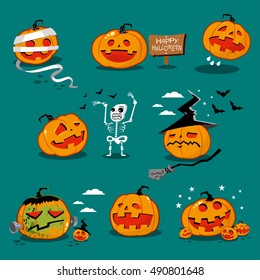 Pumpkins characters for Halloween vector cartoon set isolated on background.