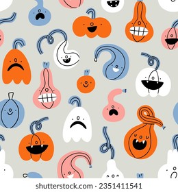 Caracteres de las calabazas Patrón transparente vectorial de Halloween. Animación corta y colorida, con dibujos animados impresos en fondo gris con un capo de farolillos