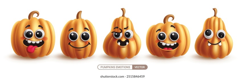 Los personajes de Calabazas establecen el diseño del Vector. Carácter de las calabazas de Halloween con la expresión facial feliz, traviesa, divertida y sonriente en colección linda del tamaño y de la forma. Ilustración vectorial calabazas de dibujos animados