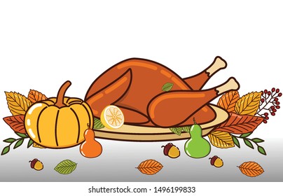 Pumpkins, chickens, oranges, oak seeds and leaves are scattered on a brown background, the creative concept of the autumn celebrations and the Thanksgiving Festival, with a modern flat design style. 