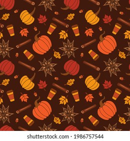 
Pumpkins, cinnamon sticks, stars anise, autumn leaves, acorns and cups of pumpkin spice drink. Vector seamless pattern on a dark brown background. Design for an fall seasonal drink. 
