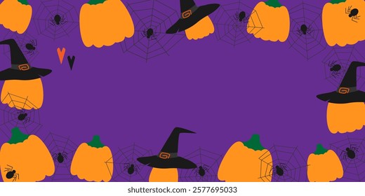 Pumpkins, cobweb, spiders, Witch hats and decorative hearts Halloween Frame Copy space Template idea