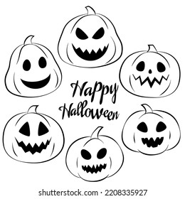 Colección de calabazas. Plano, garabato, estilo de caricatura. Calabazas de Halloween. Elementos para afiche, pancarta, postal. Felices letras de Halloween. Ilustración del material vector dibujado a mano. Aislado sobre blanco
