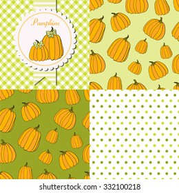 Pumpkins collection. Paper label and seamless patterns with Gingham, Polka Dot and Pumpkins on dark and light background. Perfect for wallpaper, wrapping paper, textile, package design