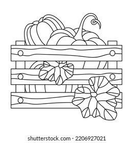 Pumpkins, coloring book. Harvest in a wooden box . Wood tray for farm vegetable
