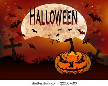 Pumpkins come in a cemetery under the full moon. Halloween