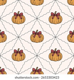 abóboras com coquette arcos padrão sem costura para halloween . para impressões, papel de embrulho, papel de parede, têxteis, papelaria e tecido.