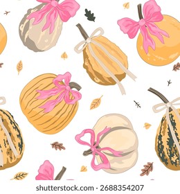 Calabazas con el patrón inconsútil de los lazos de Coquette. Impresiones de Acción de Gracias de otoño, papel de embalaje, Fondo de pantalla, textiles. Ilustración vectorial.
