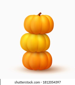 Calabazas, montón de cultivos y montón de verduras apiladas. Fijar el objeto Realista calabazas 3d naranja para la celebración de Halloween. Aislado sobre fondo blanco. Ilustración del vector