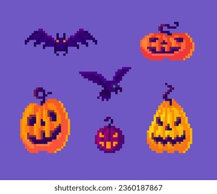 Peluquetas, iconos de cuerdas y murciélagos en imágenes de píxeles. Dibujos de dibujos animados sobre la festividad de Halloween, ilustración vectorial de estilo retro de 8 bits