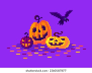 Kürbis und Krähen in Pixelkunst. Pixelcartoon-Szene über Halloween-Feiertag, Vektorgrafik im 8-Bit-Retro-Stil