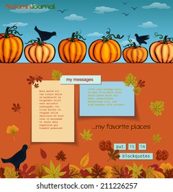 Pumpkins and Crows Autumn Background - Colorful fall journal, with the row of pumpkins, crows and fallen leaves surrounding the paper notes with plenty of copy space