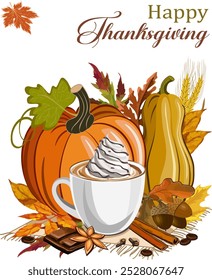 Pumpkins and a cup of coffee.Vector illustration for Thanksgiving Day with cup of coffee, pumpkins and autumn leaves.