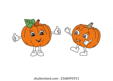 Pumpkins are dancing. Funny hand-drawn cartoon characters.