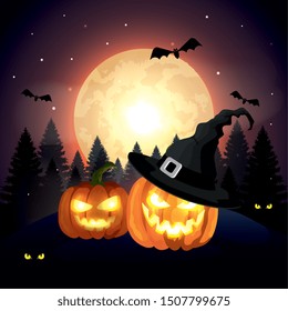 pumpkins in the dark night halloween scene