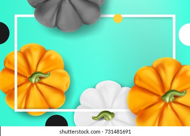 Pumpkins different colors, beautiful and realistic. Beautiful, modern, minimalistic, colorful pumpkins top view on tiffany blue color background with white frame. Fresh and trendy