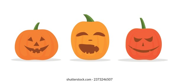 Pumpkins of different colors for Halloween. Cute and scary Halloween pumpkin monster set. Holiday cartoon character in flat style collection.