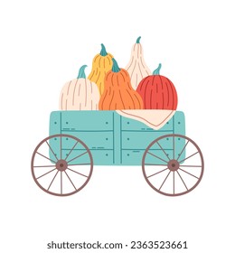 Pumpkins of different colors and shapes in wheelbarrow. Hello autumn, autumn harvest, autumn design elements. Vector illustration in flat style