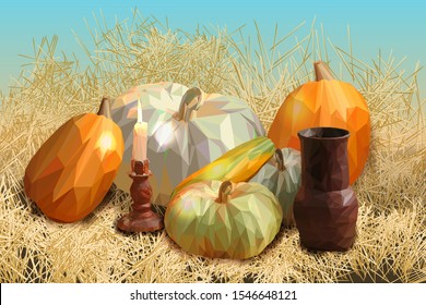Pumpkins of different colors and sizes with candles and a jug are laid out on the hay, illustration in polygonal style.