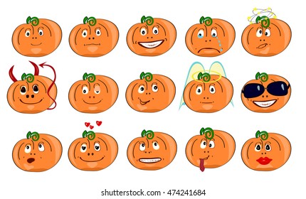 Pumpkins with different emotions, icons, isolated on white background