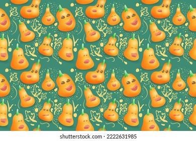 pumpkins with different emotions. magical joyful and sad characters. vector seamless background. background of pumpkins butternut for halloween.