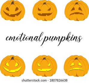 pumpkins with different expressions of emotion on their faces. vector illustration