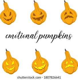 pumpkins with different expressions of emotion on their faces. vector illustration