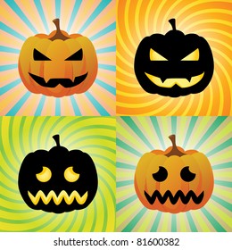 Pumpkins with different facial expressions in orange and black silhouette on bright colored sunburst and swirl backgrounds