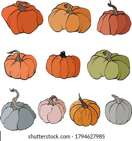 Pumpkins of different shapes in color. Beautiful pumpkin for Halloween. Elements for autumn decorative design, halloween invitation, harvest