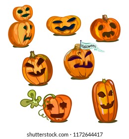 Pumpkins of different sizes and shapes for Halloween