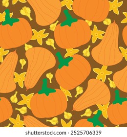 Pumpkins different variety overlapping with flower and pollen stalk fall, autumn seamless pattern. Pumpkin and bottle guard orange and brown seamless pattern. Suitable for tiles, decoration, fabric.