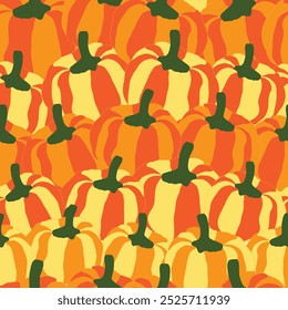 Pumpkins different variety overlapping with flower and pollen stalk fall, autumn seamless pattern. Colorful pumpkins seamless pattern. Suitable for fabric, textile, wrapping, decorations and more.