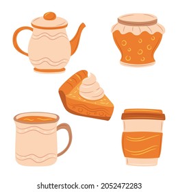 Pumpkins Dishes, such us Pie And Slice, Spice Latte And Soup, Cupcake And Jam vector illustration