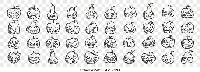 Pumpkins-Doodle-Set. Kollektion von handgezeichneten Bleistiftskizzen Vorlagen Muster von Kürbisgesichtern mit wütenden oder glücklichen Emotionen auf transparentem Hintergrund. Illustration des Halloween-Symbols.
