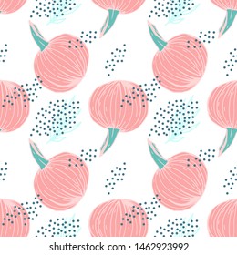 Pumpkins and dots seamless pattern on white background, vector hand drawn illustration