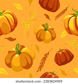 Pumpkins and dried autumn and foliage, seasonal flora and vegetables. Ripe veggies with falling leaves and leafage. Rural vibe seamless pattern, print or background. Vector in flat style illustration