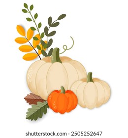 Calabazas con hojas secas de otoño. Composición de otoño. Ilustración vectorial aislada