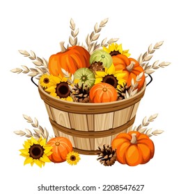 Pumpkins, ears of wheat, and sunflowers in a wooden bucket isolated on a white background. Autumn harvest. Vector illustration