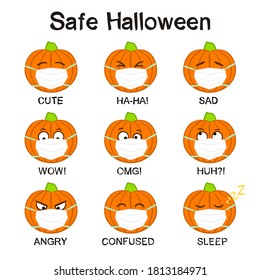 Pumpkins emoji icons in a protective mask. Funny hand drawn pumpkins in quarantine. Halloween vector illustration. Doodle style.
