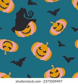 Pumpkins with emotions and bats on a dark blue background form a seamless pattern for holiday textiles. Vector.