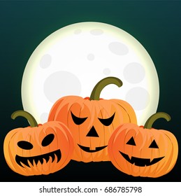 Pumpkins with evil and cheerful faces against the background of a full shining moon. Scary illustration for Halloween. Night of All Saints. Vector used in newsletter, brochures, postcards, banner.