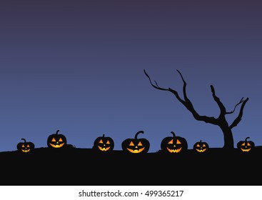 Pumpkins with evil faces and tree. Silhouettes. Flat vector illustration
