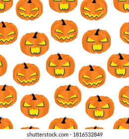 Pumpkins with an evil smile. Halloween theme Pattern on white.